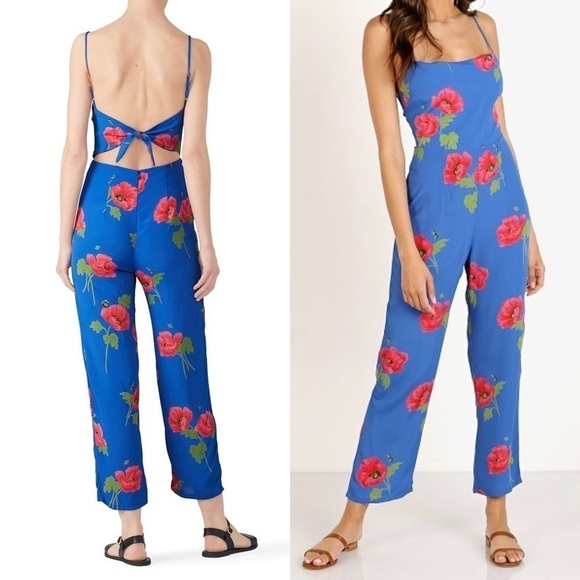 FLYNN SKYE Floral 90s Square Neck Sleeveless Open Tie Back Ankle Crop Jumpsuit S - Picture 6 of 13